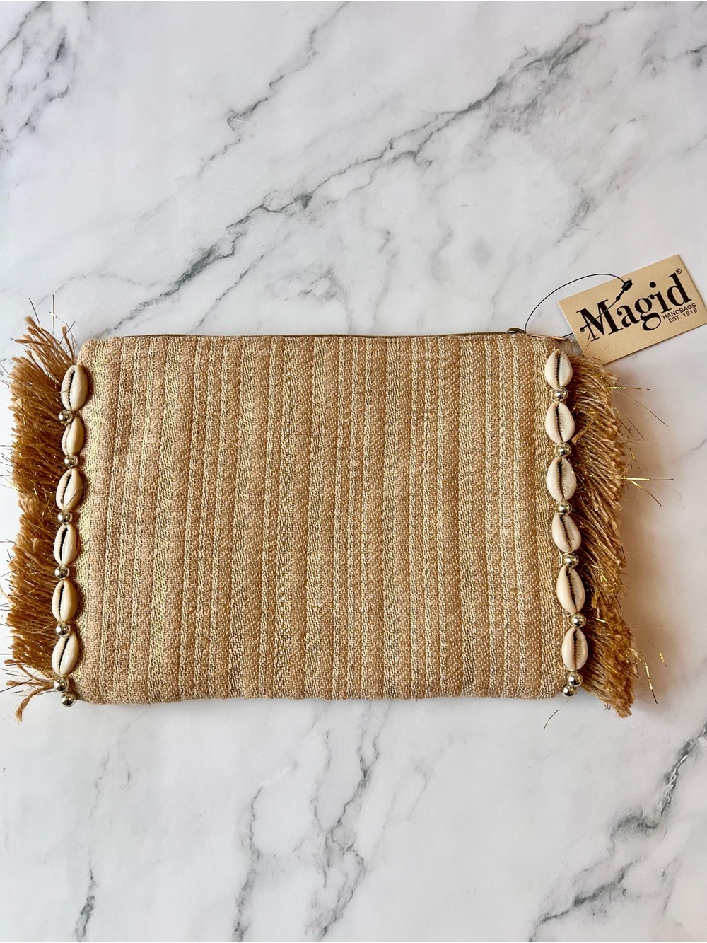 NWT Magid Tan Straw Clutch Purse Bag with Shell Trim Fringe